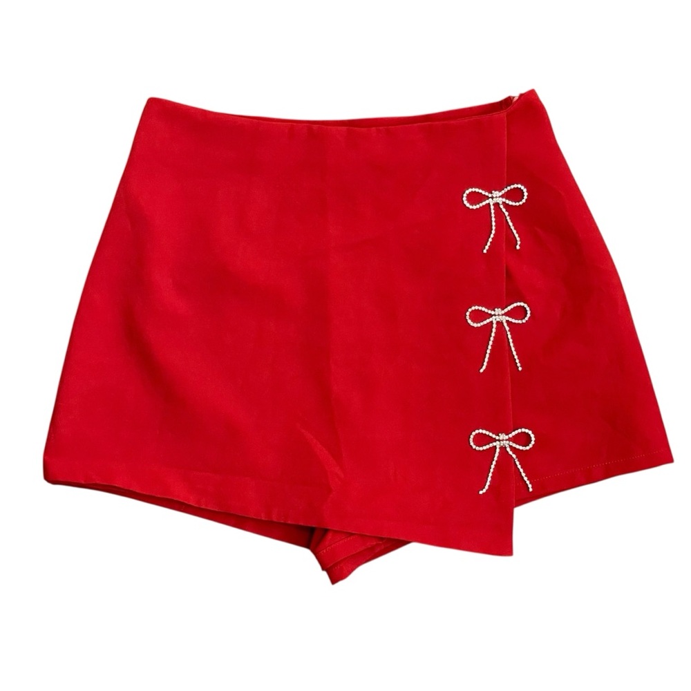 Lulumari Red Rhinestone Bow Wrap Front Mini Skort
